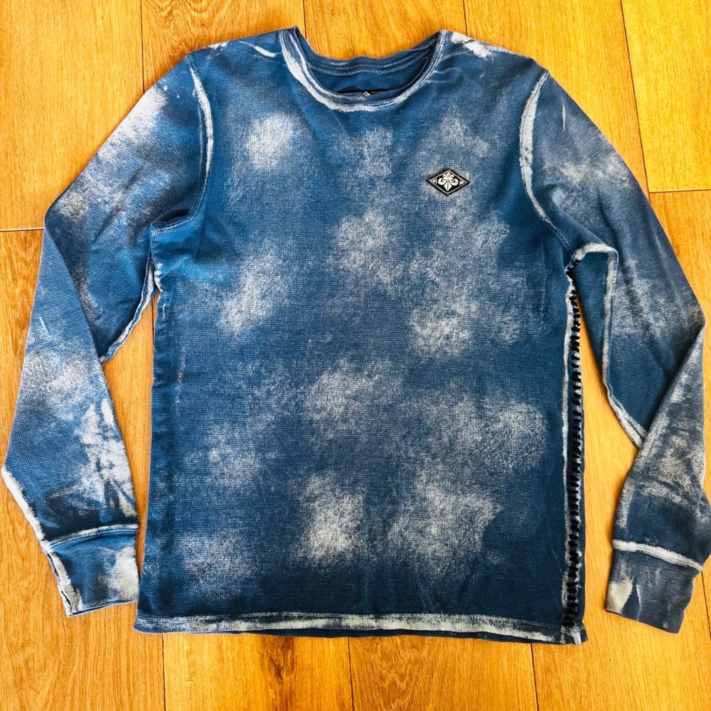 Affliction Mens‎ Blue Acid Wash Waffle Knit Thermal Long Sleeve Shirt Large